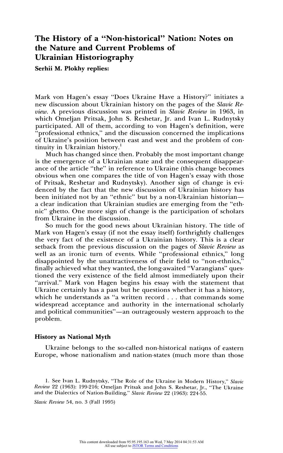 The History of a "Non-Historical" Nation: Notes on the Nature and Current Problems of Ukrainian Historiography